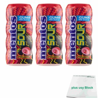 Mentos Gum SOUR Strawberry 3er Pack (3x30g Dose) + usy Block