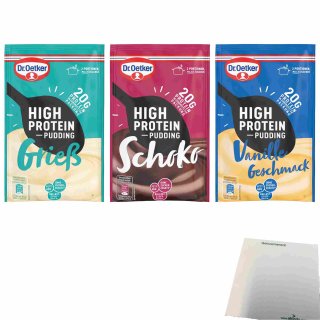 Dr. Oetker High Protein Pudding Testpaket  (je 1x Beutel Grieß 65g, Schoko 58g, Vanille 55g) + usy Block