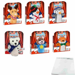 Ferrero kinder Schokolade Fingertheater 6 Plüsch Puppen:Schneemann, Bär, Pinguin, Fuchs, Eisbär, Elch (6x50g Packung) + usy Block