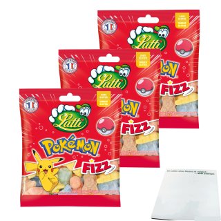 Lutti Pokemon Fizz Saure Fruchtgummi 3er Pack (3x100g Packung) + usy Block
