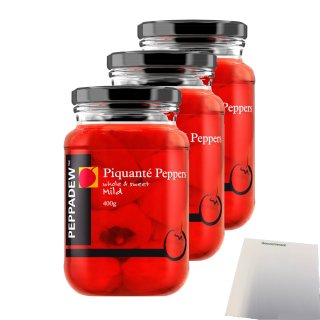 Peppadew Whole Sweet Piquanté Peppers, ganze Paprika süß & mild 3er Pack (3x900g Glas) + usy Block