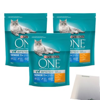 Purina One Senior 11+ Cat, Chicken 3er Pack (3x800g Beutel) + usy Block