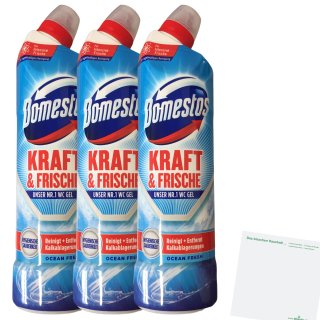 Domestos Kraft & Frische WC Gel Ocean Fresh 3er Pack (3x750ml Flasche) +usy Block