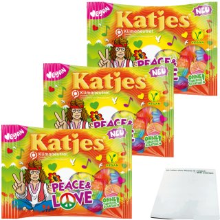 Katjes Peace & Love Vegan Fruchtgummi fruchtig-süßer Mix 3er Pack (3x200g Packung) + usy Block