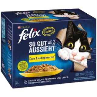 Purina Felix Mix Pack (3x Huhn, Lachs, Truthahn und Leber, Rind und Geflügel. 1KG)