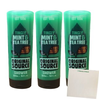 Original Source Tingly Mint & Tea Tree Duschgel 3er Pack (3x500ml Flasche) + usy Block