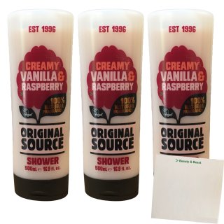 Original Source Creamy Vanilla & Rapberry Duschgel 3er Pack (3x500ml Flasche) + usy Block