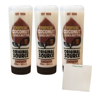 Original Source Tropical Coconut & Shea Butter Duschgel 3er Pack (3x500ml Flasche) + usy Block