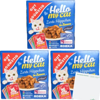 G&G Hello my cat Zarte Häppchen in Sauce 3er Pack (24x100g Packung) + usy Block
