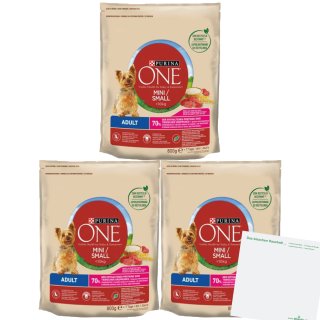 Purina One Dog Mini Adult Rind&Reis 3er Pack (3x800g Packung) + usy Block