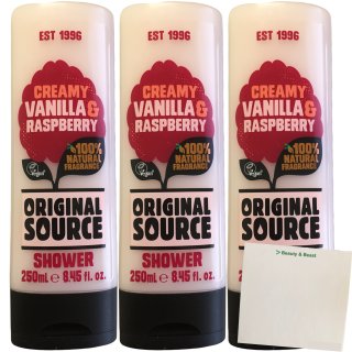 Original Source Creamy Vanilla & Raspberry Duschgel 3er Pack (3x250ml Flasche) + usy Block