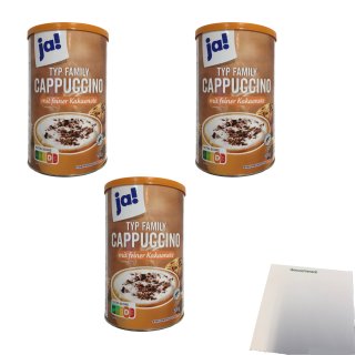 Ja Cappuccino Family lösliches Kaffeegetränk mit feiner Kakaonote 3er Pack (3x500g) + usy Block