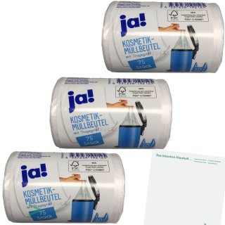 Ja Müllbeutel Kosmetik-Müllbeutel mit Tragegriff 10L (3 Rollen 225 Beutel) 36x44cm + usy Block