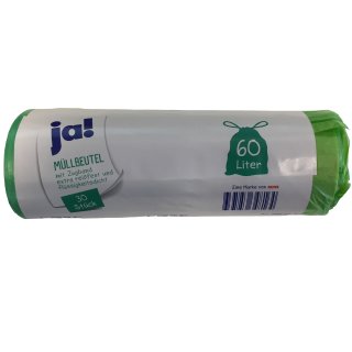 Ja Müllbeutel mit Zugband extra reißfest flüssigkeitsdicht 60L (1 Rolle 30 Beutel) 64x71cm