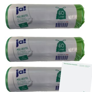 Ja Müllbeutel mit Zugband extra reißfest flüssigkeitsdicht 60L (3 Rolle 90 Beutel) 64x71cm + usy Block