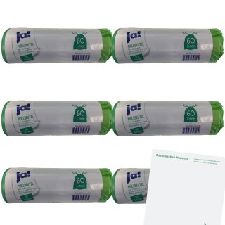 Ja Müllbeutel mit Zugband extra reißfest flüssigkeitsdicht 60L (6 Rolle 180 Beutel) 64x71cm  + usy Block