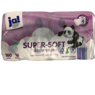 Ja Super Soft Toilettenpapier 4 Lagig extra stark und super flauschig (1 Packung 16 Rollen a 160 Blatt)