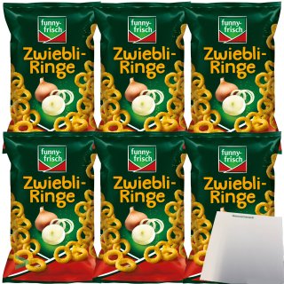 Funny Frisch Zwiebliringe geoldgelbe Maisringe mit herzhaftem Zwiebelgeschmack 6er Pack (6X80g Tüte) + usy Block
