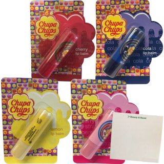 Chupa Chups Lippenbalsam Lippenpflege Lip Balm Lemon Cola Strawberry Cherry (4er Pack) + usy Block