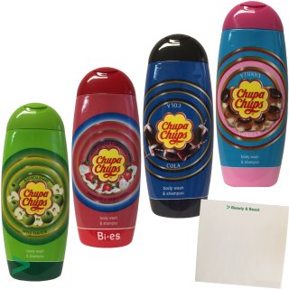 Chupa Chups 2in1 Duschgel und Shampoo Apfel Erbeer&Cream Cola Vanille-Cookie 4er Pack (4x250ml) + usy Block