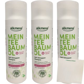 Alkmene Mein Teebaumöl Antischuppen Shampoo 3er Pack (3x200ml Flasche) + usy Block