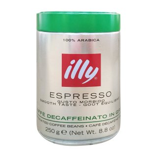illy Espresso ganze Bohne, entcoffeiniert Dose mit silber / grünem Deckel, 250g