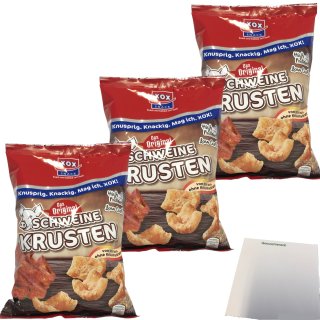 XOX Schweinekrusten im Eigenfett frittierte Schweineschwarten Low Carb 3er Pack (3x100g Beutel) + usy Block