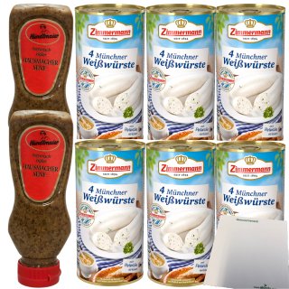 Zimmermann 24 Münchner Weißwürste (6x530g Dose) + Händlmaier Süßer Senf 2x225ml + usy Block