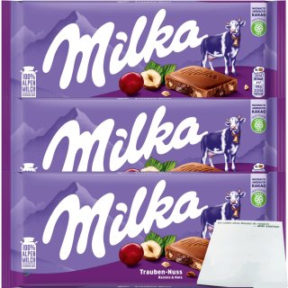 Milka Trauben-Nuss Alpenmilch-Schokolade mit Rosinen und Haselnüssen 3er Pack (3x100g Tafel) + usy Block
