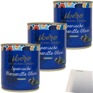 Ibero spanische schwarze Manzanilla Oliven entsteint 3er Pack (3x200g Dose) + usy Block