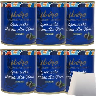 Ibero spanische schwarze Manzanilla Oliven entsteint 6er Pack (6x200g Dose) + usy Block