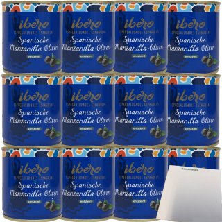 Ibero spanische schwarze Manzanilla Oliven entsteint 12er Pack (12x200g Dose) + usy Block