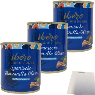 Ibero Spanische Manzanilla-Oliven mit Sardellencreme 3er Pack (3x200g Dose) + usy Block