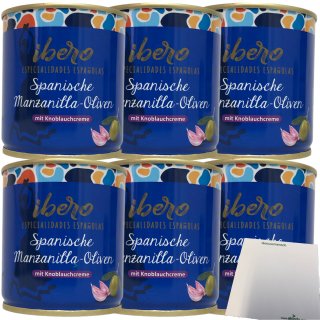 Ibero Spanische Manzanilla-Oliven mit Knoblauchcreme 6er Pack (6x200g Dose) + usy Block