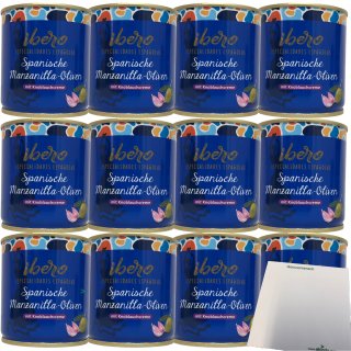Ibero Spanische Manzanilla-Oliven mit Knoblauchcreme 12er Pack (12x200g Dose) + usy Block