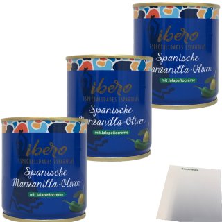 Ibero Spanische Manzanilla-Oliven mit Jalapenocreme 3er Pack (3x200g Dose) + usy Block