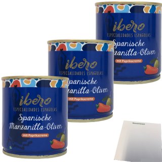 Ibero Spanische Manzanilla-Oliven mit Paprikacreme 3er Pack (3x200g Dose) + usy Block