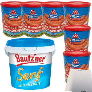 Metten Dicke Sauerländer Bockwurst 30x80g (6x400g Dose) Bautzner Senf mittelscharf (1kg Eimer) + usy Block