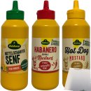 Kühne Senf Trio mittelscharf fein würzig Habanero Chili und Hot Dog Cermig mild 3er Pack (3x250g Flasche) + usy Block
