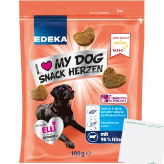 Edeka Snack Herzen mit 98% Rind ohne Getreidezusatz Hundeleckerchen (100g Packung) + usy Block