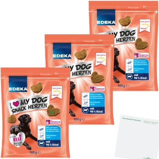 Edeka Snack Herzen mit 98% Rind ohne Getreidezusatz Hundeleckerchen 3er Pack (3x100g Packung) + usy Block