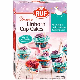 Ruf Einhorn Cup Cakes Backmischung mit Backförmchen Creme und knetbarer Zuckermasse (365g Packung)