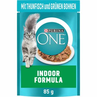 Purina ONE Indoor Zarte Stückchen in Sauce mit Thunfisch und grünen Bohnen (85 g)