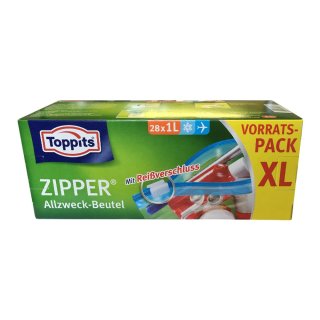 Toppits Zipper Allzweck Beutel XL Vorratspack (28x1l Flugzeugbeutel) Flughafenbeutel, Reisebeutel