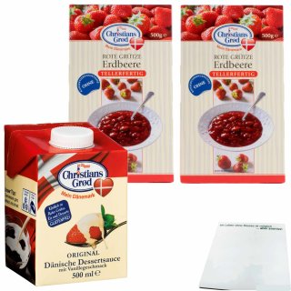 Chr.Grod Grütze Erdbeer (2x500g Packung) & Dessert-Sauce mit Vanillegeschmack (1x500ml) + usy Block