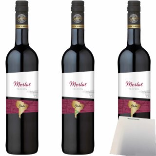 OverSeas Chile Merlot Rotwein trocken 12,5% vol. 3er Pack (3x0,75 Liter Flasche) + usy Block