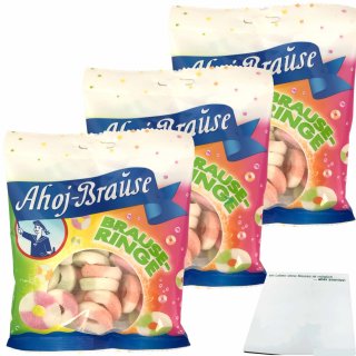 Ahoj-Brause Brause Ringe soft Prickelnd-Saure Fruchtgummi-Ringe mit Brause ummantelt 3er Pack (3x150g Tüte) + usy Block