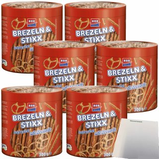 XOX Salzstangen Brezeldose Laugengebäck mit Meersalz 6er Pack (6x300g Dose) + usy Block
