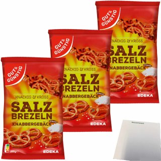 Gut&Günstig Salzbrezel Knabbergebäck Knackig & Cross mit Meersalz 3er Pack (3x250g Packung) + usy Block