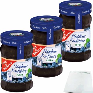 Gut&Günstig Heidelbeer Konfitüre Extra mit 50% Frucht 3er Pack (3x450g Glas) + usy Block
